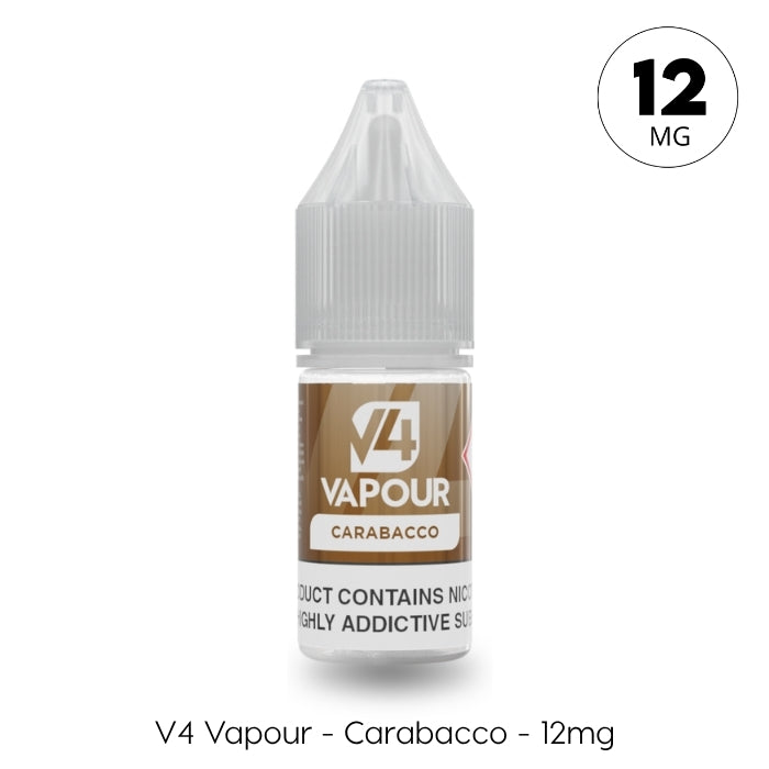 A compact plastic bottle of V4 Vapour - Carabacco 10ml E-Liquid features a clear cap, brown label, and "12mg" in the corner, indicating it’s an MTL vape juice. Text: V4 Vapour - Carabacco - 12mg. Available at Vape Direct In Milton Keynes