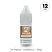A compact plastic bottle of V4 Vapour - Carabacco 10ml E-Liquid features a clear cap, brown label, and "12mg" in the corner, indicating it’s an MTL vape juice. Text: V4 Vapour - Carabacco - 12mg. Available at Vape Direct In Milton Keynes