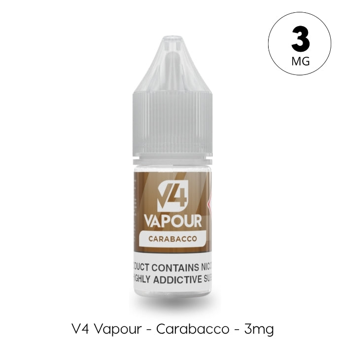 V4 Vapour - Carabacco 10ml E-Liquid by V4 Vapour offers 3mg nicotine and a brown and white label, perfect as an MTL vape juice for a smooth, satisfying vaping experience. Available at Vape Direct In Milton Keynes