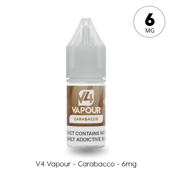 V4 Vapour - Carabacco 10ml E-Liquid with 6mg nicotine, featuring a brown label and clear cap, is perfect for MTL vape fans. Available at Vape Direct In Milton Keynes