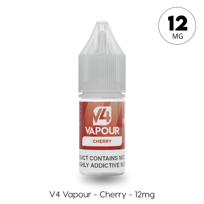 A 10ml plastic bottle of V4 Vapour - Cherry E-Liquid features a circular 12mg label. Ideal for MTL Vape Kits. The label reads: V4 Vapour – Cherry – 12mg. Available at Vape Direct In Milton Keynes
