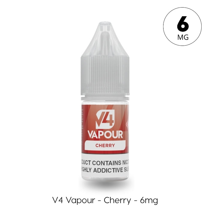 A 10ml bottle of V4 Vapour - Cherry E-Liquid with a gray cap, featuring a red and white label, contains 6mg nicotine—ideal for MTL Vape Kits. Brand: V4 Vapour. Available at Vape Direct In Milton Keynes