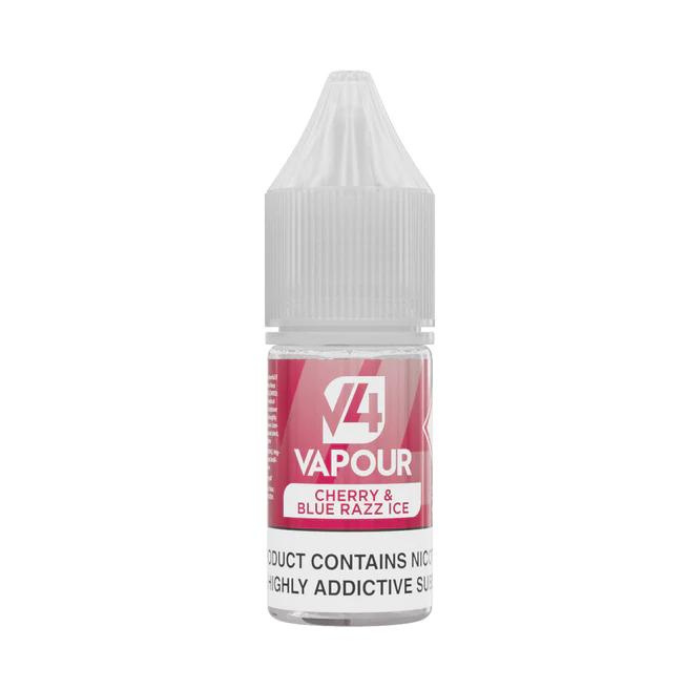 A 10ml bottle of V4 Vapour - Cherry & Blue Razz Ice E-Liquid with a pink label displaying the flavor and V4 Vapour branding. Available at Vape Direct In Milton Keynes