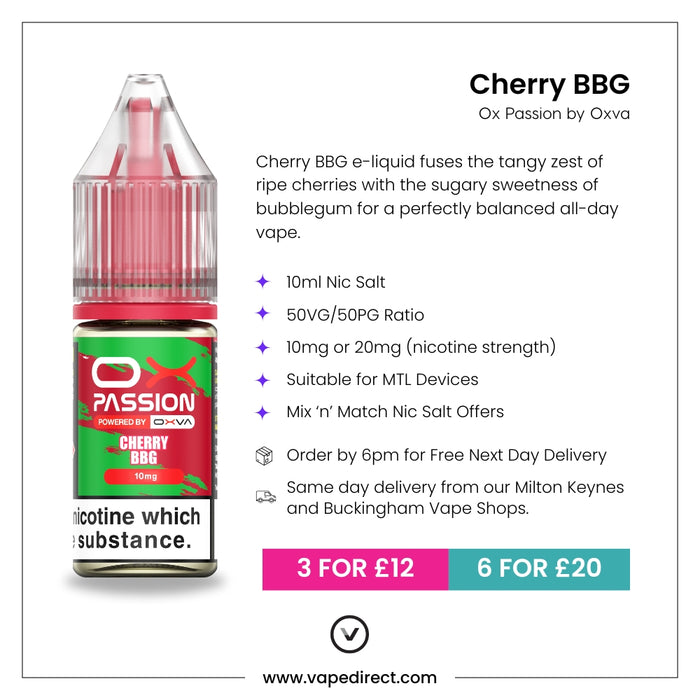 Cherry BBG Ox passion e-liquid with flavour description. 10ml Nic Salt, suitable for MTL devices, multi-buy offers, and details for next day delivery in milton keynes and buckingham shown.