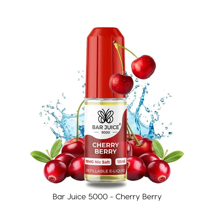 Bar Juice 5000 Cherry Berry e-liquid bottle with cherries and water splash on a white background