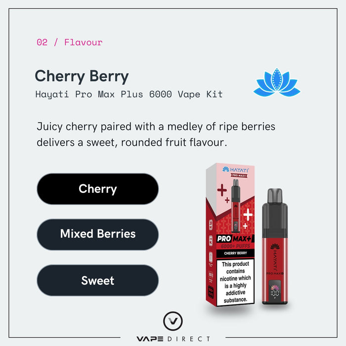 Discover the bold flavors of the Cherry Berry Hayati Pro Max Plus Vape Kit from Hayati. Savor up to 6000 puffs of perfectly balanced cherry and mixed berry notes, finished with a tempting sweetness. The sleek design and vibrant packaging emphasize the juicy cherries and ripe berries, delivering an irresistible vaping experience.