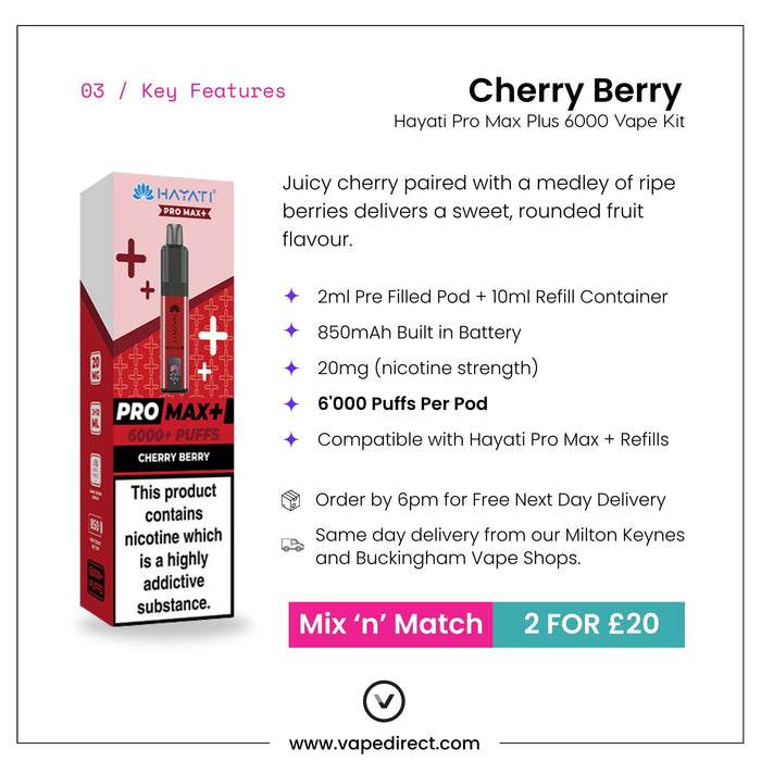 The Cherry Berry Hayati Pro Max Plus Vape Kit by Hayati offers a satisfying vaping experience with up to 6000 puffs, a 2ml pod, and a robust 850mAh battery. Take advantage of the mix and match offer—get 2 vape kits for £20. Delivery information is available at checkout.