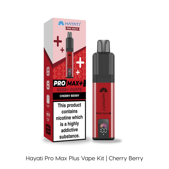 A Cherry Berry Hayati Pro Max Plus Vape Kit by Hayati is displayed beside its box, which highlights product information and vivid red accents. The 6000 puffs device matches the color and design of its packaging.