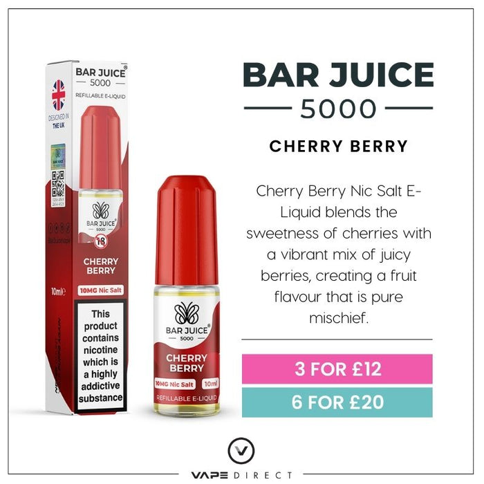Bar Juice 5000 Cherry Berry nic salt e-liquid in a 10ml bottle. Includes product description and pricing details.