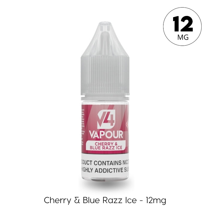 V4 Vapour - Cherry & Blue Razz Ice 10ml E-Liquid offers 12mg nicotine and a childproof cap, delivering a cool mix of cherry and blue razz flavours in every puff. Available at Vape Direct In Milton Keynes