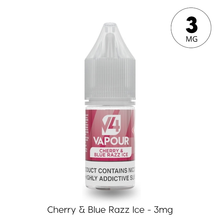 V4 Vapour - Cherry & Blue Razz Ice 10ml E-Liquid contains 3mg nicotine and comes in a compact bottle with a gray cap and red label. Available at Vape Direct In Milton Keynes