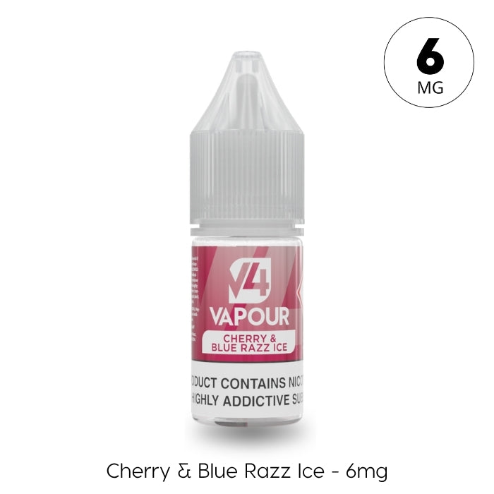 A 10ml V4 Vapour - Cherry & Blue Razz Ice E-Liquid bottle with a red label and 6mg nicotine strength. “Cherry & Blue Razz Ice – 6mg” is shown beneath the bottle. Available at Vape Direct In Milton Keynes