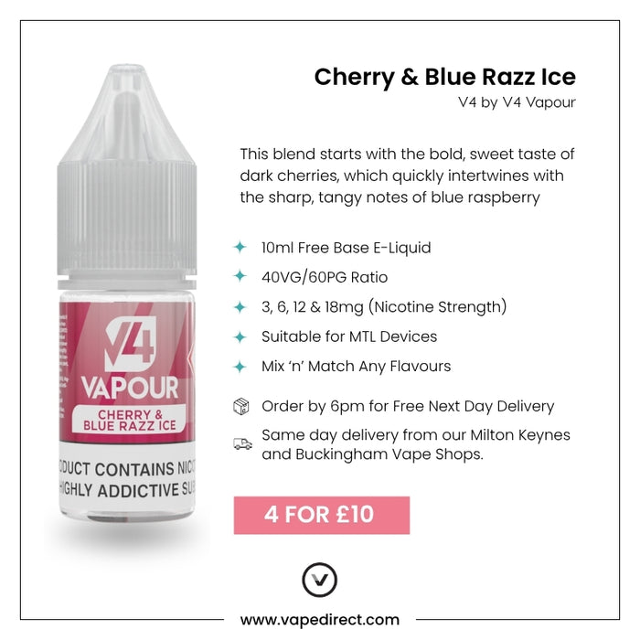 V4 Vapour - Cherry & Blue Razz Ice 10ml E-Liquid—40VG/60PG, available in various nicotine strengths with a 4 for £10 offer. Bright purple packaging showcases the flavour and website details. Available at Vape Direct In Milton Keynes