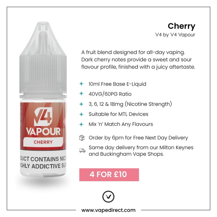 Ad for V4 Vapour - Cherry 10ml E-Liquid by V4 Vapour, perfect for MTL Vape Kits. Includes bottle image, product info, nicotine strengths, delivery details, and a pink "4 FOR £10" banner. Visit www.vapedirect.com (shown at the bottom). Available at Vape Direct In Milton Keynes