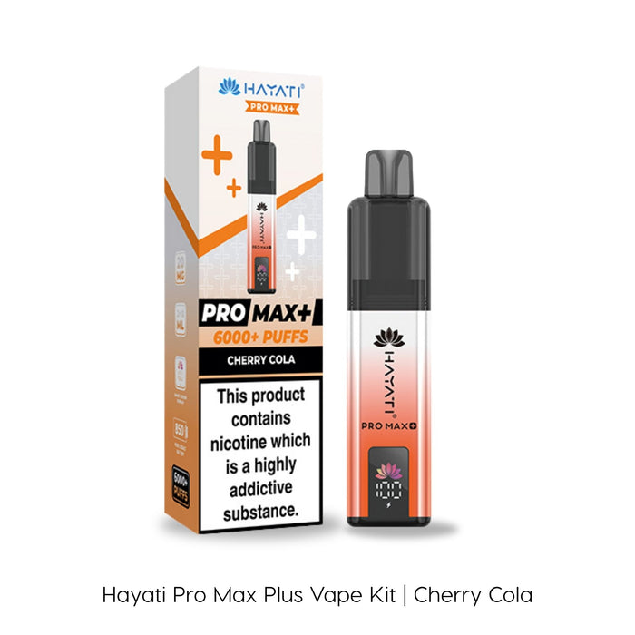 Cherry Cola Hayati Pro Max Plus Vape Kit by Hayati, displayed with its branded packaging. The box highlights 6000 puffs. The vape device stands beside the box, featuring the Cherry Cola flavor.