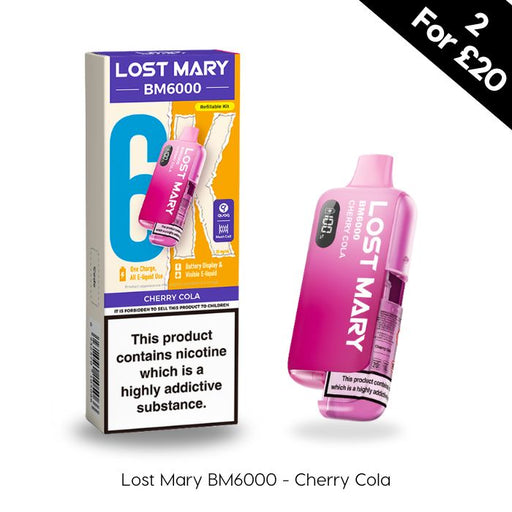 Lost Mary BM6000 Cherry Cola vape device and packaging.