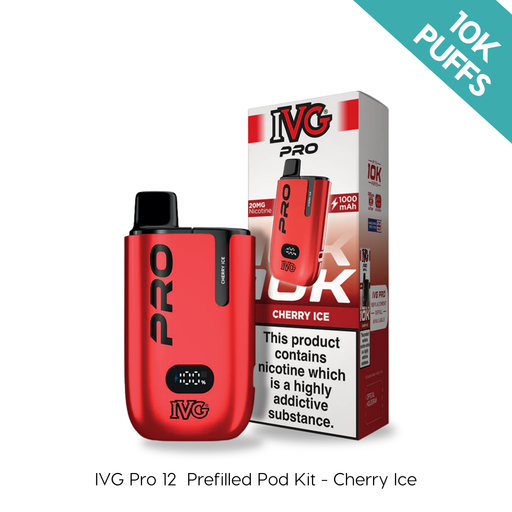The Cherry Ice - IVG PRO 12 Prefilled Kit by I VG is shown with packaging, highlighting 10K PUFFS. This rechargeable vape features a prefilled pod kit design in red. Available at Vape Direct In Milton Keynes
