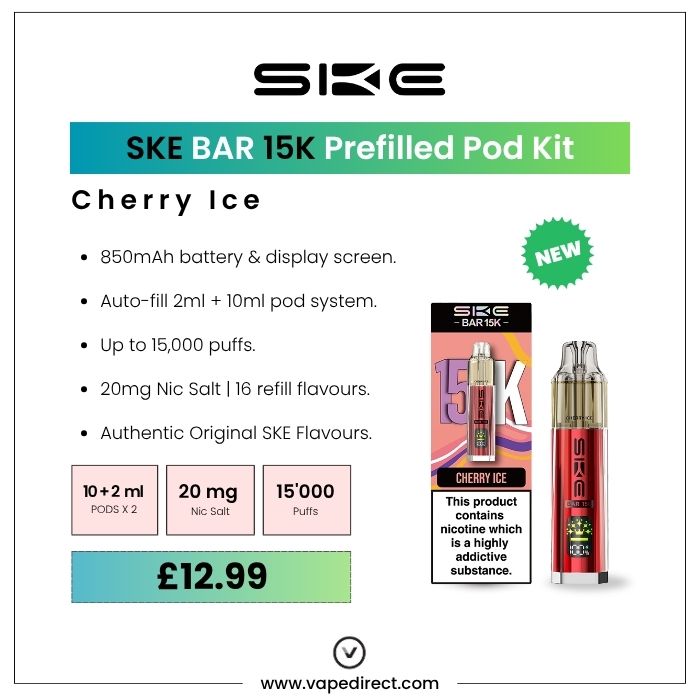SKE BAR 15k pod kit in Cherry Ice flavour. 850mAh battery, 15,000 puffs, and 20mg nic salt.
