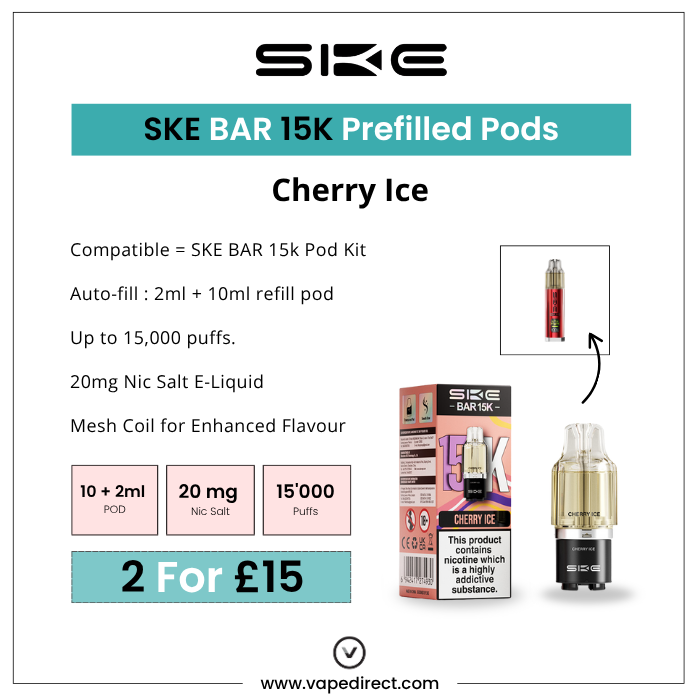 Key features of the Cherry Ice SKE BAR 15K Prefilled Pods include a 10ml refill pod, 20mg of nic salt, and a 15,000-puff capacity.