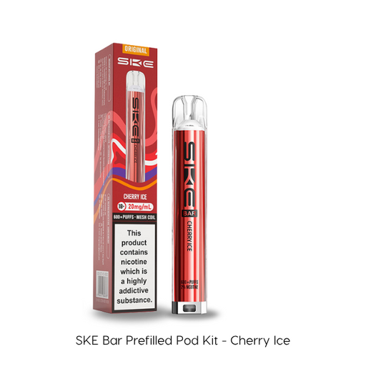 Cherry Ice SKE BAR prefilled pod kit, 600 puffs and 20mg nicotine, on a plain background