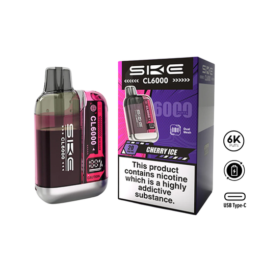 SKE CL6000 Cherry Ice rechargeable vape device and product packaging showing 6000 puffs, 20mg nicotine strength, dual mesh coil, and USB Type-C charging.