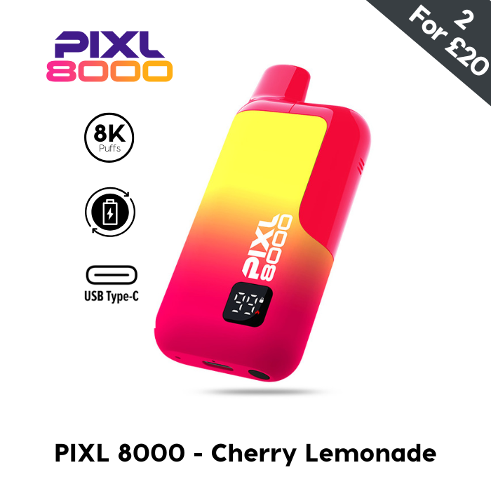 PIXl 8000 cherry lemonade vape: refreshing flavor, sleek design, USB-C charging, 8,000 puffs for extended use.