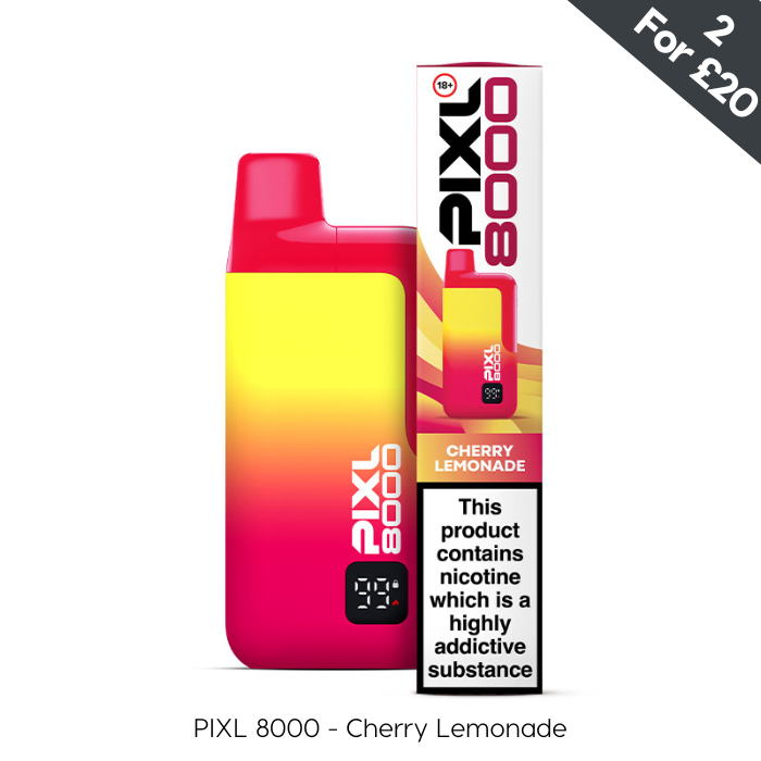 PIXL 8000 Cherry Lemonade vape device and packaging on a white background