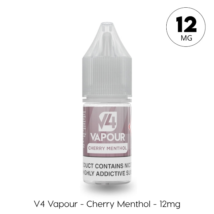 A 10ml bottle of V4 Vapour - Cherry Menthol E-Liquid from V4 Vapour contains 12mg nicotine and is labeled as highly addictive. Available at Vape Direct In Milton Keynes
