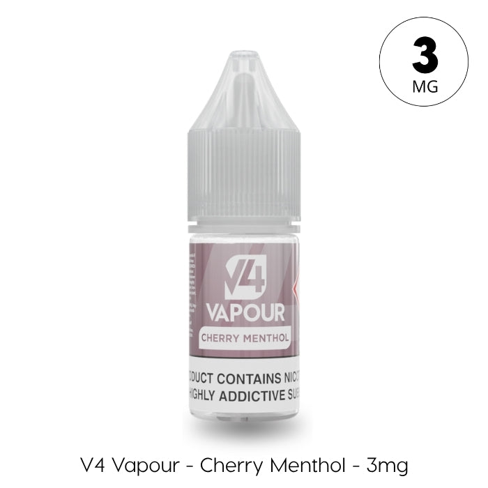 A 10ml bottle of V4 Vapour - Cherry Menthol E-Liquid with a grey cap, labeled 3mg nicotine. The label highlights the refreshing cherry menthol flavor—ideal for menthol vape fans. Brand: V4 Vapour. Available at Vape Direct In Milton Keynes
