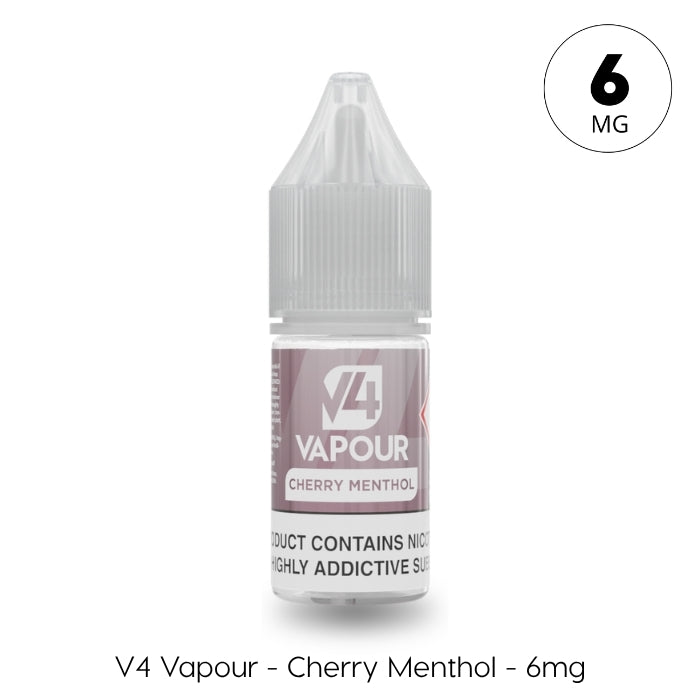 A 10ml plastic bottle of V4 Vapour - Cherry Menthol E-Liquid, labeled 6mg nicotine, with a grey childproof cap and a label showing the V4 Vapour brand and cherry menthol flavor. Available at Vape Direct In Milton Keynes