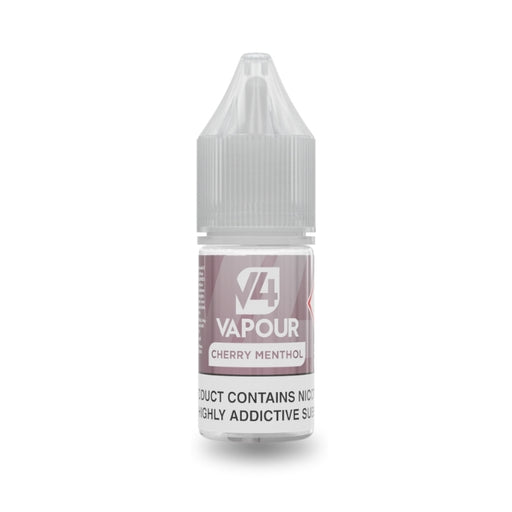 V4 Vapour - Cherry Menthol 10ml E-Liquid by V4 Vapour comes in a small plastic bottle with a childproof cap and is labeled as cherry menthol vape juice. Available at Vape Direct In Milton Keynes