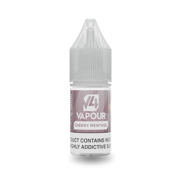 V4 Vapour - Cherry Menthol 10ml E-Liquid by V4 Vapour comes in a small plastic bottle with a childproof cap and is labeled as cherry menthol vape juice. Available at Vape Direct In Milton Keynes