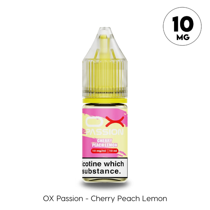Cherry Peach Lemon 10mg OX Passion Nic Salt by Oxva. A refreshing blend of ripe cherries, peaches & zesty lemon e-liquid. Available at Vape Direct in Milton Keynes and Buckingham.