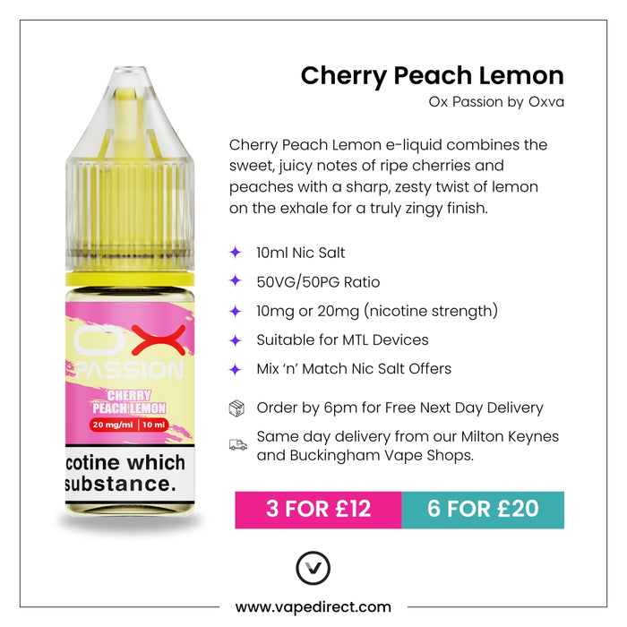 Cherry Peach Lemon Ox passion e-liquid with flavour description. 10ml Nic Salt, suitable for MTL devices, multi-buy offers, and details for next day delivery in milton keynes and buckingham shown.