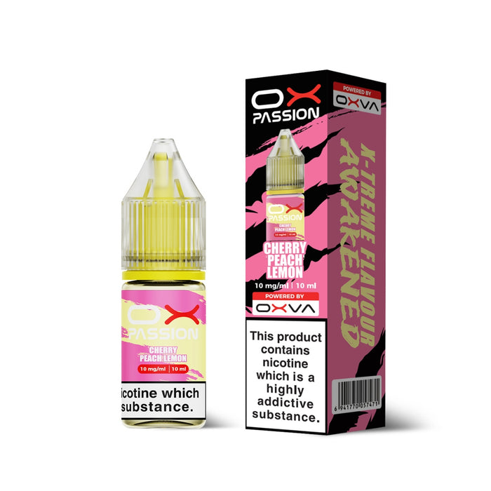 Cherry Peach Lemon Ox Passion Nic Salt E-Liquid by Oxva with retail box and packaging.
