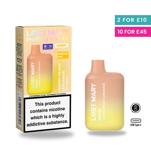 Lost mary cherry peach lemonade pod kit on white background with price labels and box