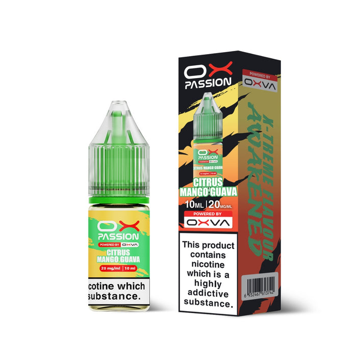 Ciitrus Mango Guava Ox Passion Nic Salt E-Liquid by Oxva with retail box and packaging.