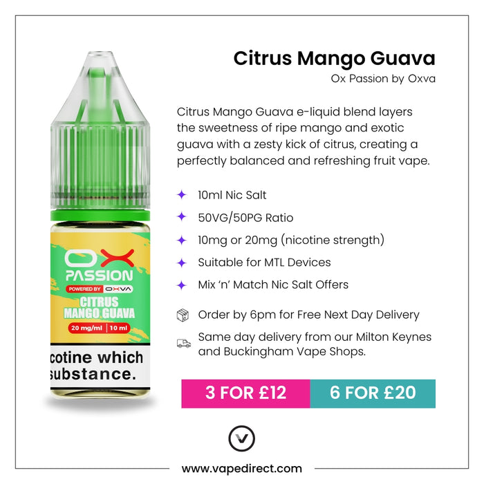 Citrus Mango Guava Ox passion e-liquid with flavour description. 10ml Nic Salt, suitable for MTL devices, multi-buy offers, and details for next day delivery in milton keynes and buckingham shown.