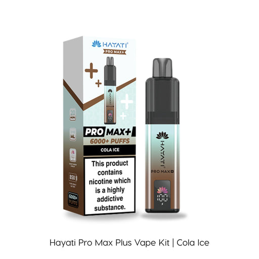 The Cola Ice Hayati Pro Max Plus Vape Kit by Hayati is displayed next to its packaging, which emphasizes key features such as 6000 puffs and an 850mAh battery. The sleek vape device stands upright beside the box, showcasing its modern design.