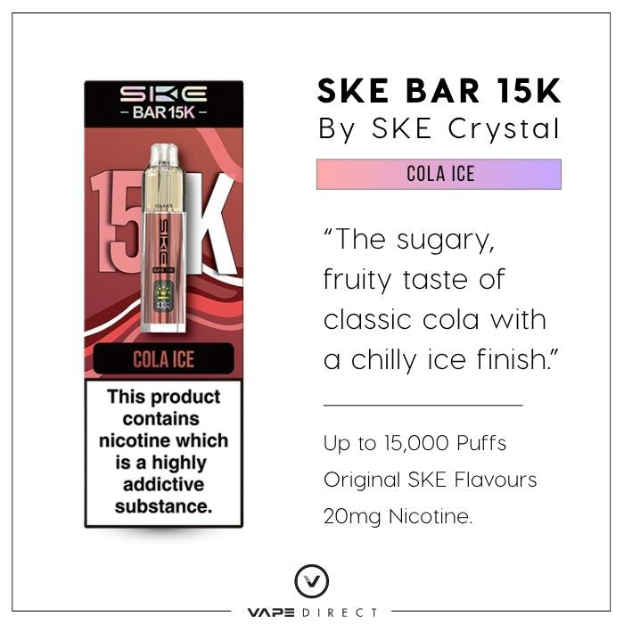 SKE Bar 15K vape in Cola Ice flavour, with up to 15,000 puffs, original SKE Flavours and 20mg nicotine. 