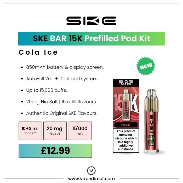 SKE BAR 15k pod kit in Cola Ice flavour. 850mAh battery, 15,000 puffs, and 20mg nic salt. 