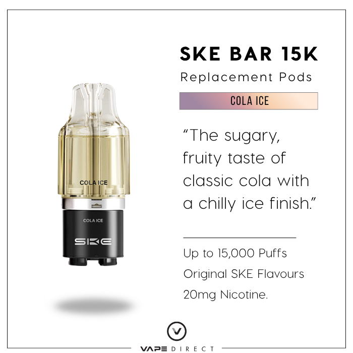 SKE BAR 15K replacement pods in Cola Ice with a 10ml refill pod and flavour description.