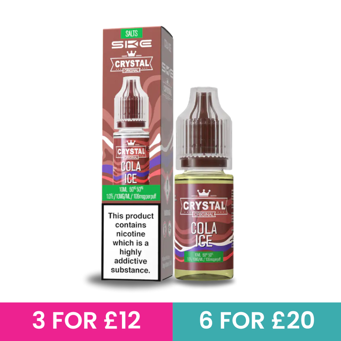 Crystal Cola Ice vape juice bottle and packaging on a white background