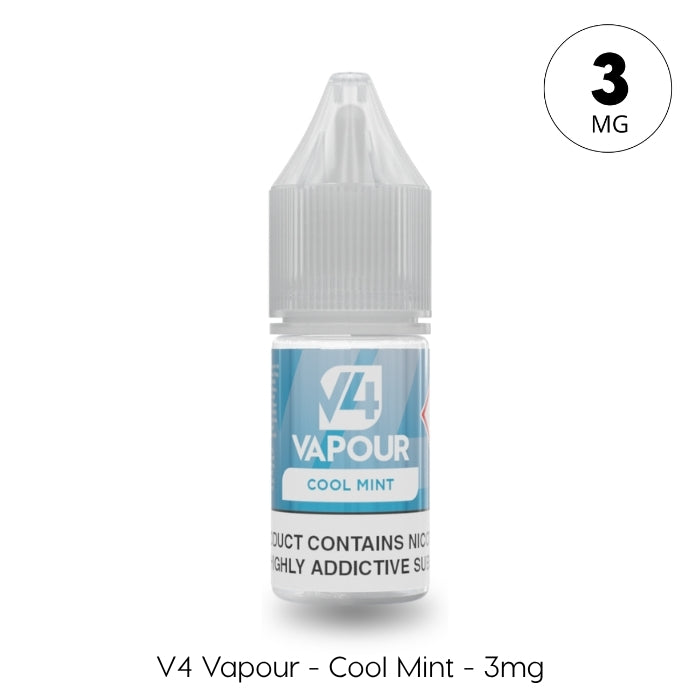A 10ml bottle of V4 Vapour - Cool Mint E-Liquid with a gray cap displays "3mg" in a circle at the top right. The menthol vape juice’s warning text is partially visible at the bottom. Available at Vape Direct In Milton Keynes