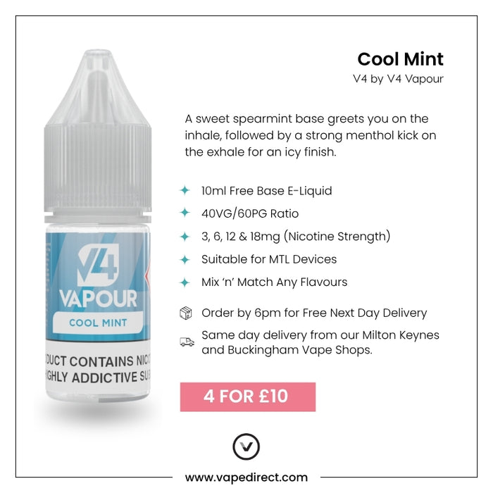 A bottle of V4 Vapour - Cool Mint 10ml E-Liquid with details shown: 10ml size, various nicotine strengths, 40VG/60PG ratio. A pink "4 FOR £10" offer banner is at the bottom for this V4 Vapour menthol vape juice. Available at Vape Direct In Milton Keynes