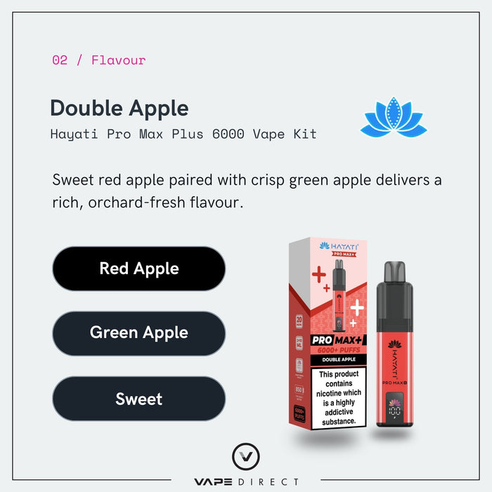Experience the Double Apple Hayati Pro Max Plus Vape Kit from Hayati, delivering up to 6000 puffs of crisp red and green apple flavor. Enjoy rich, layered notes with every inhale—enhanced by premium design, detailed product information, and an eye-catching product image.