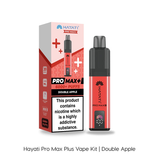 Double Apple Hayati Pro Max Plus Vape Kit box and device. The box features the product image, 20mg/ml nicotine content, 850mAh capacity, up to 6000 puffs, and Hayati branding. The device is black and red with the Hayati logo and an apple graphic.