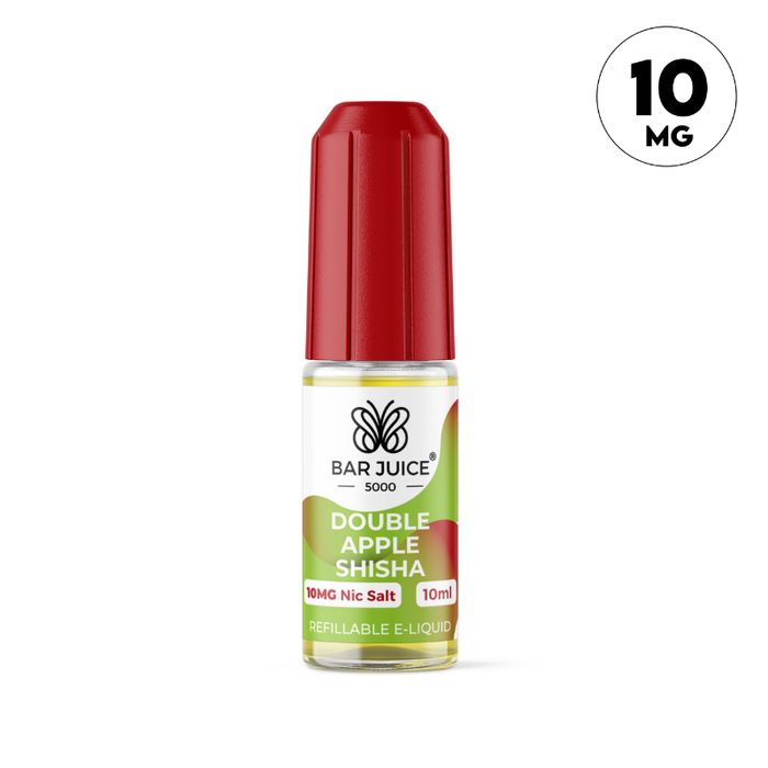 Double Apple Shisha 10mg nic salt e-liquid by bar juice 5000 in a 10ml bottle with a 10mg nictotine label.