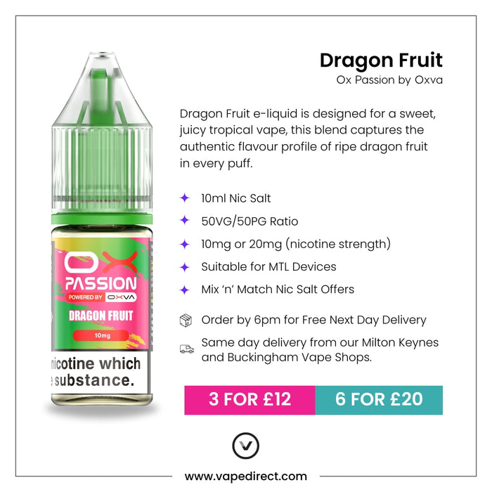 Dragon Fruit Ox passion e-liquid with flavour description. 10ml Nic Salt, suitable for MTL devices, multi-buy offers, and details for next day delivery in milton keynes and buckingham shown.