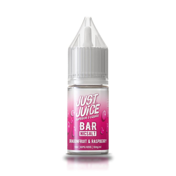 Dragonfruit and Raspberry nic salt e-liquid 10ml bottle by Just Juice Bar Salts on a plain background